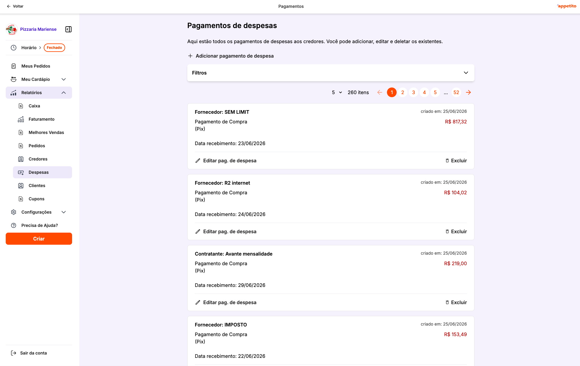 Relatório de controle de caixa e despesas do Appetito